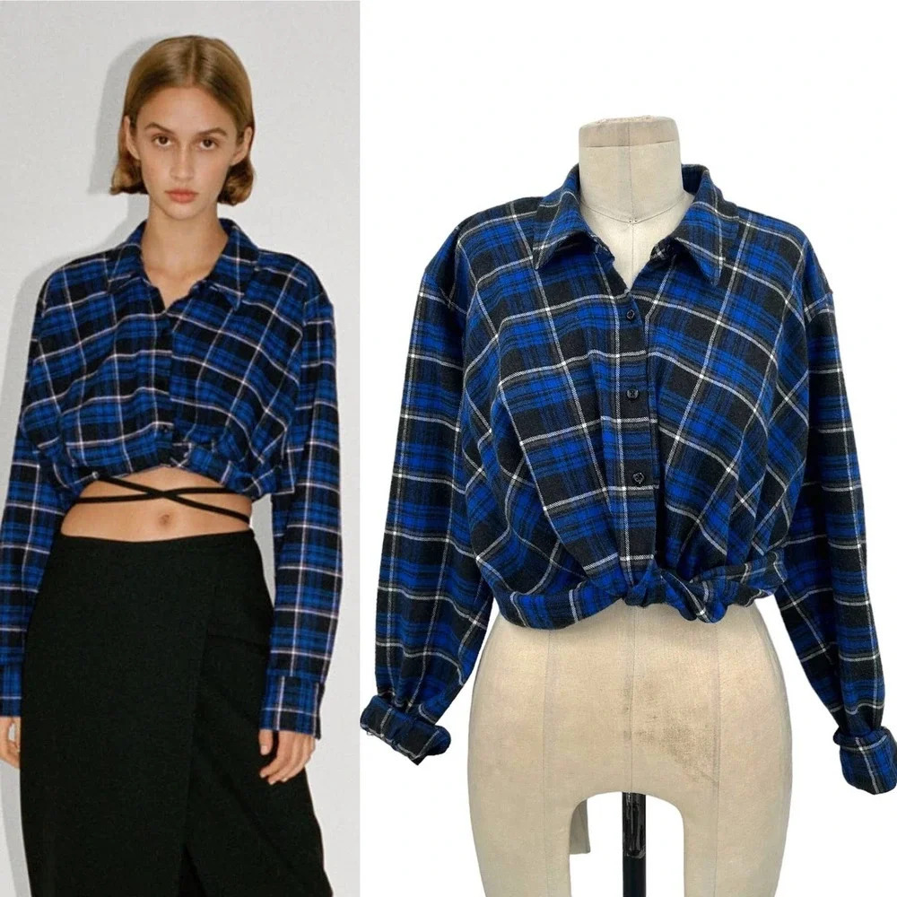 Zara Blue‎ Plaid Flannel Cropped Button Down Shirt Size XS
